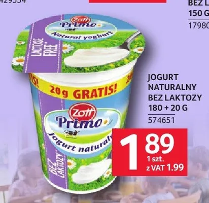 Jogurt naturalny bez laktozy Zott Primo promocja w Selgros