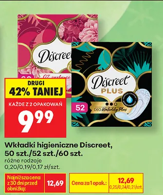 Wkładki higieniczne Discreet 60 szt. promocja w Biedronka