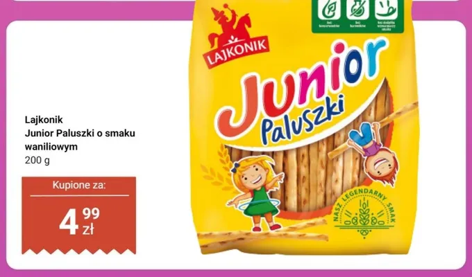 Paluszki Lajkonik Junior o smaku waniliowym promocja w Dino