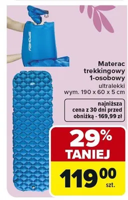 Materac trekkingowy 1-osobowy ultralekki wym. 190 x 60 x 5 cm promocja w Carrefour
