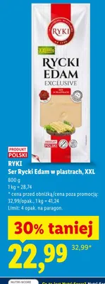 Ser Rycki Edam w plastrach XXL Ryki Exclusive promocja w Lidl