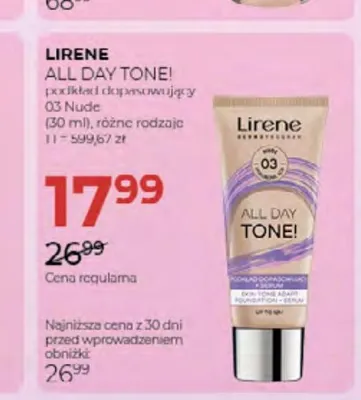 Podkład dopasowujący Lirene All Day Tone! 03 Nude promocja w Drogerie Jawa