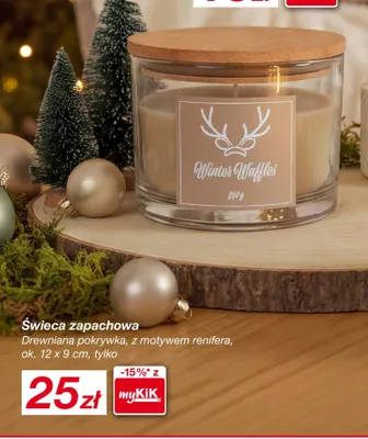 Świeca zapachowa drewniana pokrywka z motywem renifera promocja w KiK