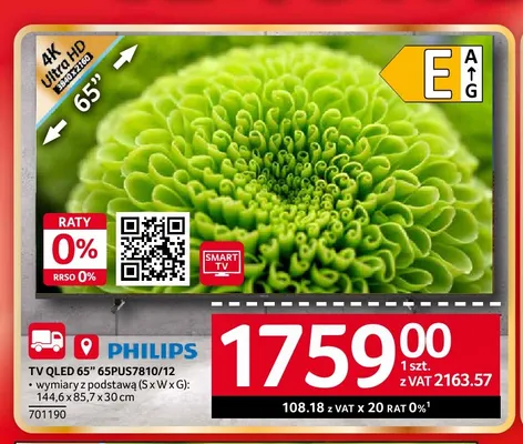 Telewizor Qled 65" 65PUS7810/12 Philips promocja w Selgros