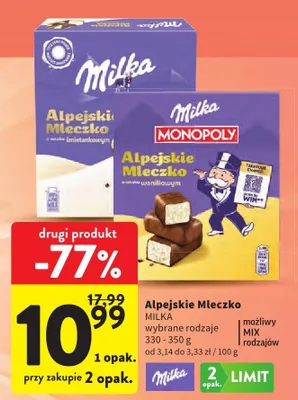 Alpejskie Mleczko Milka Monopoly o smaku waniliowym promocja w Intermarche