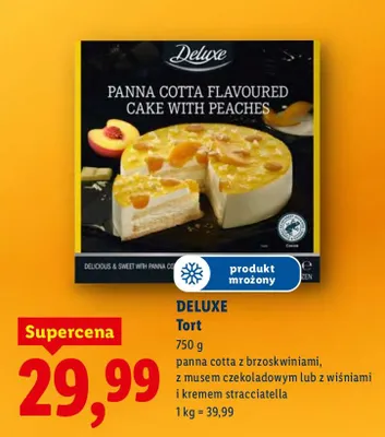 Tort panna cotta z brzoskwiniami, z musem czekoladowym lub z wiśniami i kremem stracciatella promocja w Lidl