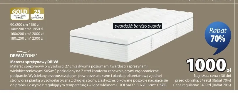 Materac sprężynowy Dreamzone Driva promocja w Jysk