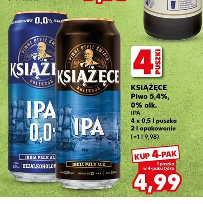 Piwo bezalkoholowe Książęce IPA 0% alk. 4-pak 500ml promocja w Kaufland