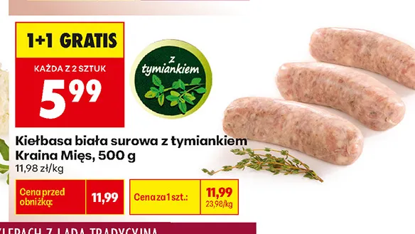 Kiełbasa biała surowa z tymiankiem Kraina Mięs promocja w Biedronka