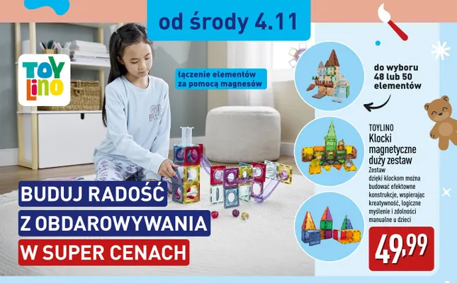 Klocki magnetyczne duży zestaw 50 elementów Toylino promocja w Aldi