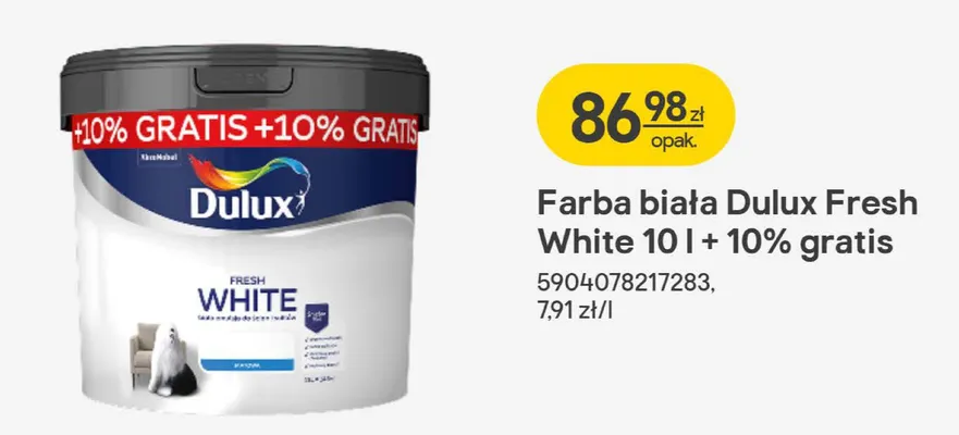 Farba biała Dulux Fresh White 10 l + 10% gratis promocja w Castorama