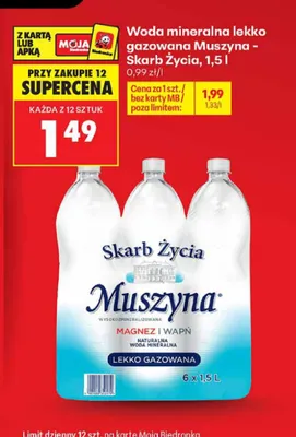 Woda mineralna lekko gazowana Muszyna Skarb Życia 6-pak 1,5 l promocja w Biedronka