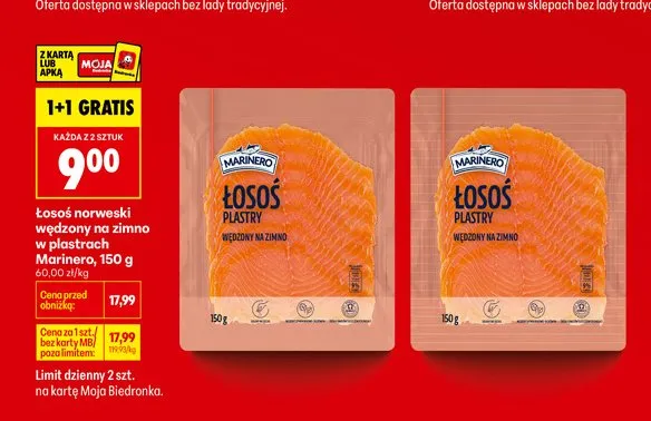 Łosoś norweski wędzony na zimno w plastrach Marinero promocja w Biedronka