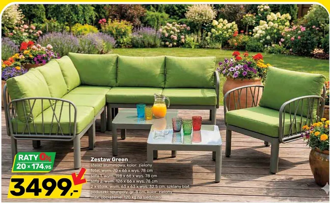 Zestaw ogrodowy Green stelaż aluminiowy kolor zielony fotel 70x66x78cm sofa 1 198x66x78cm sofa 2 126x66x78cm 2x stolik 63x63x32,5cm szklany blat poduszki spunpoly gr. 8cm kolor zielony promocja w Bricomarche