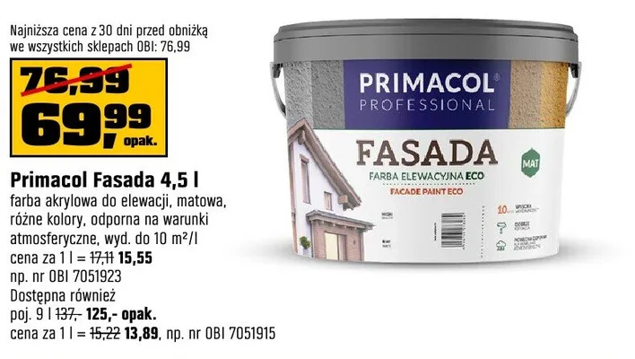 Farba akrylowa Fasada do elewacji, matowa, różne kolory, odporna na warunki atmosferyczne, wyd. do 10 m²/l promocja w OBI