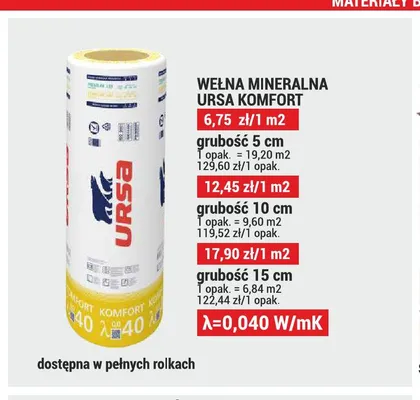 Wełna mineralna URSA KOMFORT grubość 5 cm promocja w Merkury Market