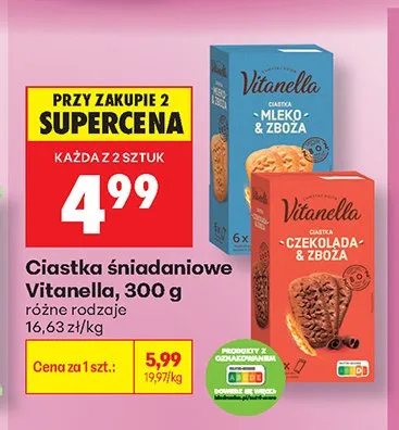 Ciastka śniadaniowe Vitanella Mleko & Zboża promocja w Biedronka