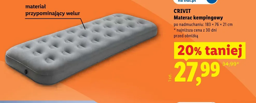 Materac kempingowy CRIVIT 183x76x21cm promocja w Lidl