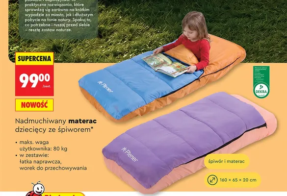 Nadmuchiwany materac dziecięcy ze śpiworem Plener 160x65x20cm promocja w Biedronka