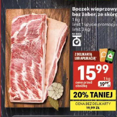 Boczek wieprzowy bez żeber ze skórą promocja w Delikatesy Centrum