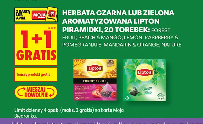 Herbata aromatyzowana Lipton piramidki Peach & Mango promocja w Biedronka