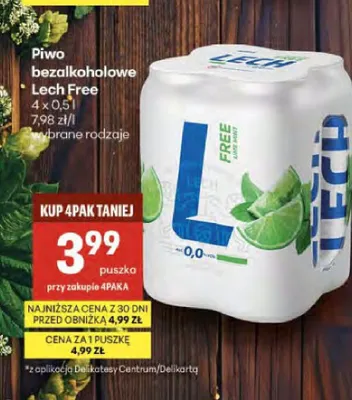Piwo bezalkoholowe Lech Free Lime Mint 4-pak 500ml promocja w Delikatesy Centrum