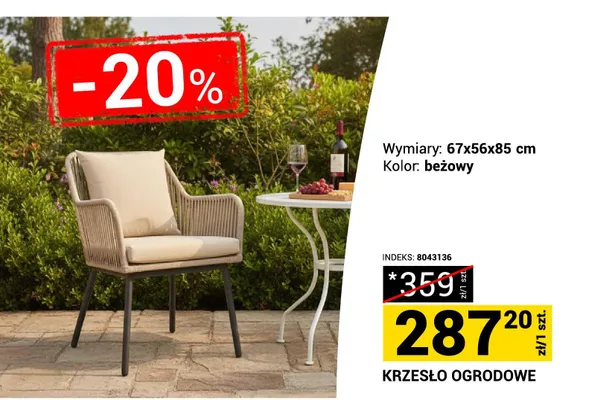 Krzesło ogrodowe 67x56x85cm beżowy promocja w Merkury Market