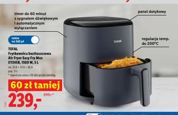 Frytkownica beztłuszczowa Tefal Air Fryer Easy Fry Max EY245B 5 l promocja w Lidl