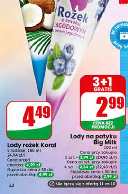 Lody rożek o smaku kokosowym Koral promocja w Dino