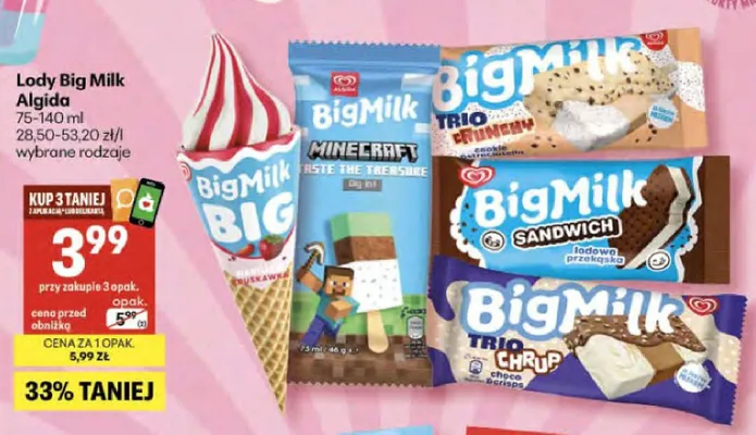 Lody Big Milk Minecraft Taste the treasure Algida promocja w Delikatesy Centrum