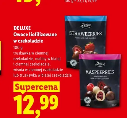 Owoce liofilizowane w czekoladzie truskawka w białej czekoladzie Deluxe promocja w Lidl