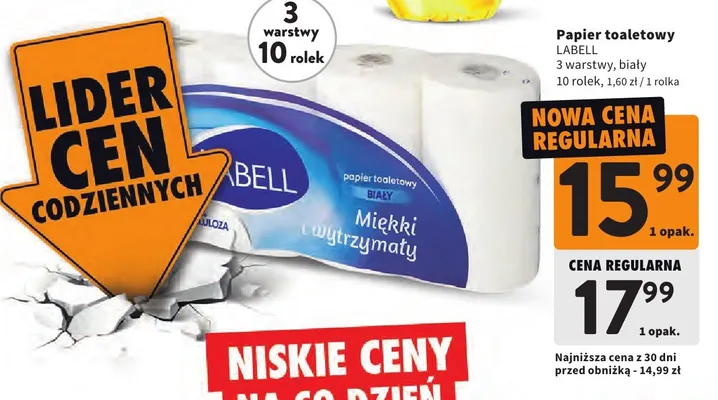Papier toaletowy 3 warstwy, biały 10 rolek, 1,60 zł / 1 rolka promocja w Intermarche