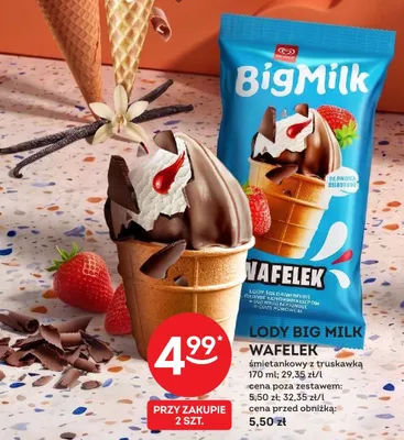 Lody Big Milk Wafelek śmietankowy z truskawką promocja w Żabka