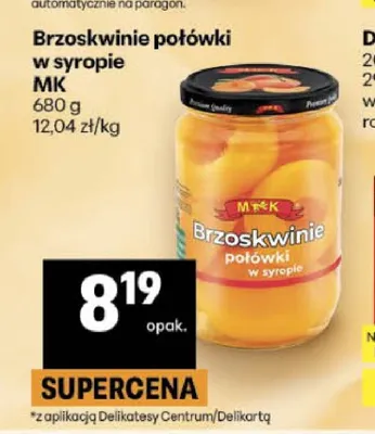 Brzoskwinie połówki w syropie MK promocja w Delikatesy Centrum