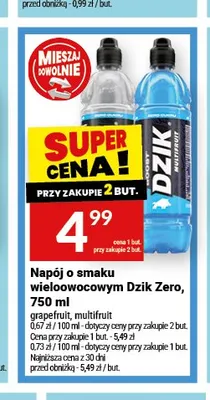 Napój o smaku wieloowocowym Dzik Zero Grapefruit promocja w Twój Market