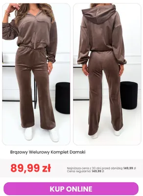 Brązowy welurowy komplet damski promocja w Modna Kiecka
