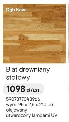 Blat drewniany stołowy Dąb Kava 95x2,6x210cm olejowany utwardzony lampami UV promocja w Castorama