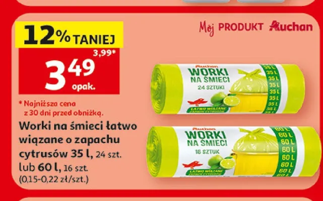 Worki na śmieci łatwo wiązane o zapachu cytrusów Auchan 60 l promocja w Auchan