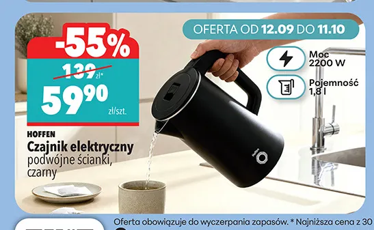Czajnik elektryczny podwójne ścianki czarny Hoffen promocja w Biedronka