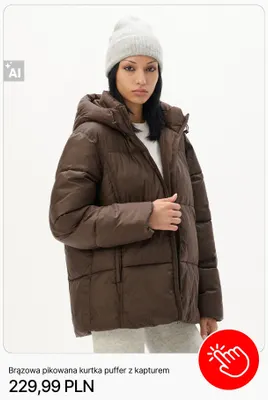 Brązowa pikowana kurtka puffer z kapturem Cropp promocja w Cropp