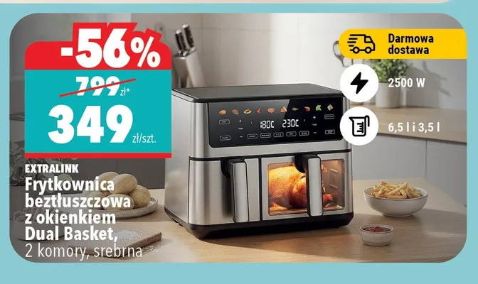 Frytkownica beztłuszczowa EXTRALINK z okienkiem Dual Basket 2 komory srebrna 2500W 6,5l i 3,5l promocja w Biedronka Home