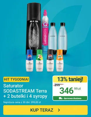 Saturator Sodastream Terra + 2 butelki i 4 syropy promocja w ERLI