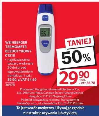 Termometr bezdotykowy Weinberger D1510 promocja w Selgros