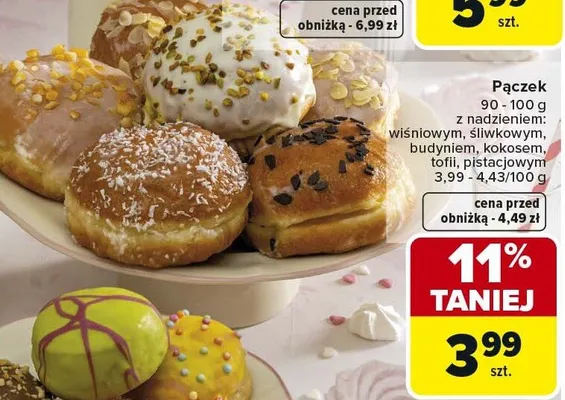 Pączek z nadzieniem wiśniowym, śliwkowym, budyniem, kokosem, toffi, pistacjowym promocja w Carrefour Market