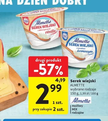 Serek wiejski Almette z delikatnym serem ricotta promocja w Intermarche