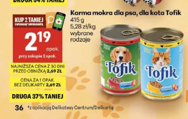 Karma mokra dla psa Tofik promocja w Delikatesy Centrum