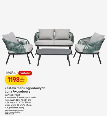 Zestaw mebli ogrodowych Luna 4-osobowy w zestawie: 2 fotele, sofa, stolik fotel, wym. 62x72x81cm sofa, wym. 111x72x81cm stolik, wym. 85x47x41cm stal, poliester, szary promocja w Castorama