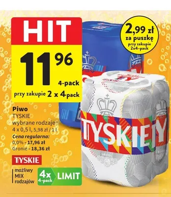 Piwo bezalkoholowe Tyskie 4-pak promocja w Intermarche