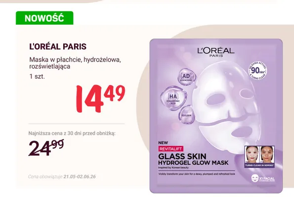 Maska w płachcie hydrożelowa rozświetlająca L'ORÉAL PARIS promocja w Rossmann