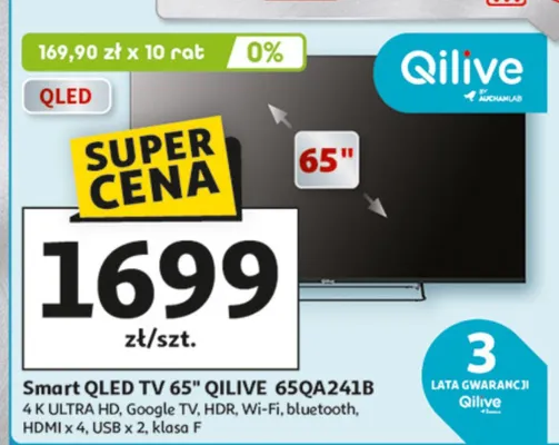 Smart QLED TV 65" QILIVE 65QA241B 4K ULTRA HD, Google TV, HDR, Wi-Fi, bluetooth, HDMI x 4, USB x 2, klasa F promocja w Auchan